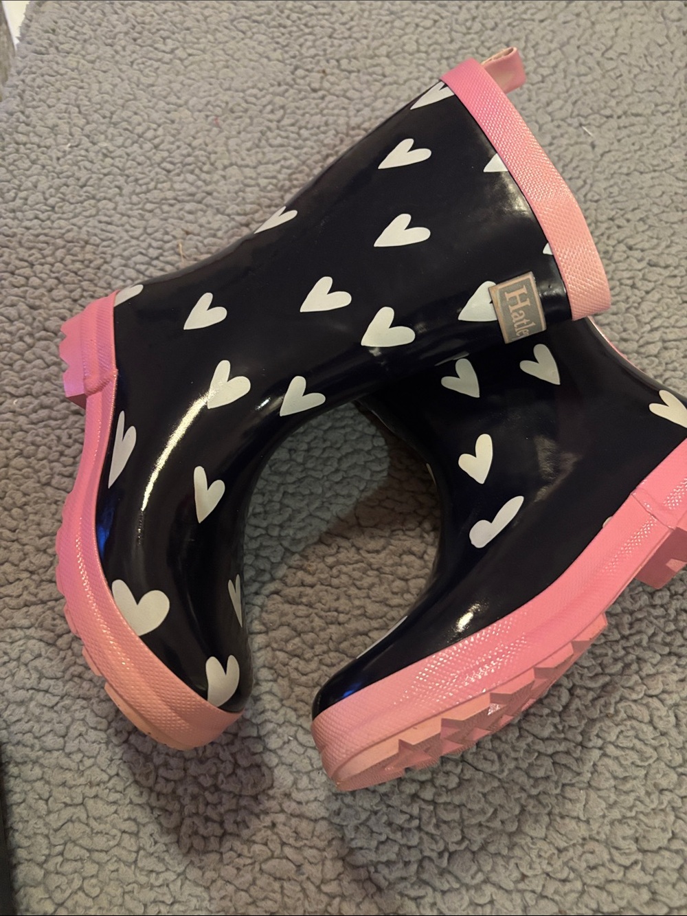 Hatley Blue Rain Boots with White Hearts and Pink Trim